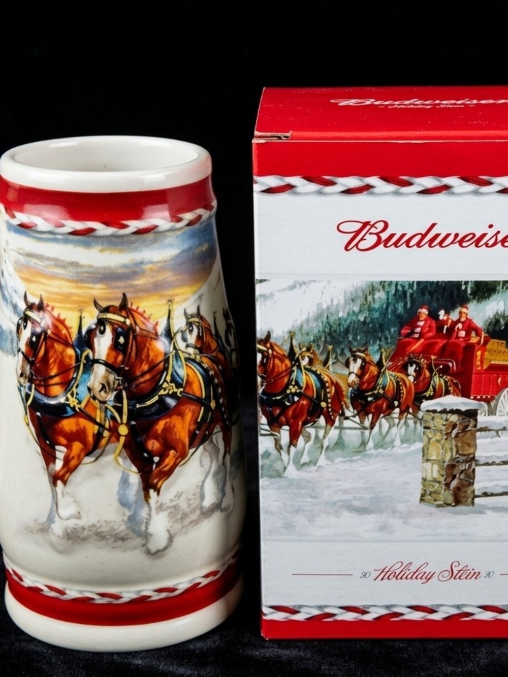 Budweiser Red and White Holiday Stein with Clydesdales Artwork